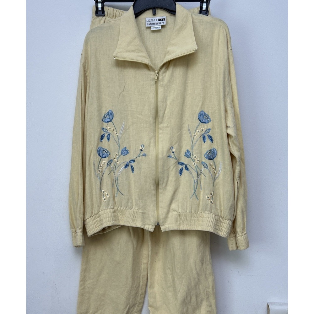 Vintage Women's Leslie Faye Yellow Embroidered Track Suit, Pants Set, Large